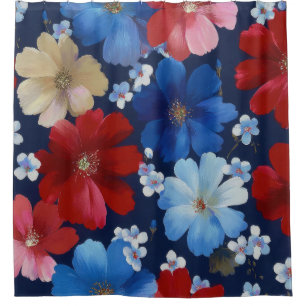 Patriotic Red Blue White Floral (9) Shower Curtain