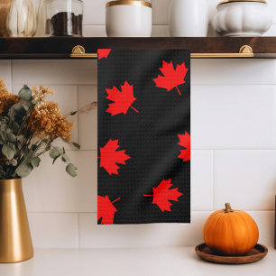 Patriotic Red Canada Maple Leaf Black Pattern Tea Towel