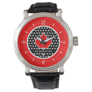 Patriotic Red Canadian Maple Leaf with White Text Watch