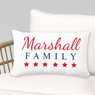 Patriotic Red Navy Blue Family Monogram with Stars Lumbar Cushion