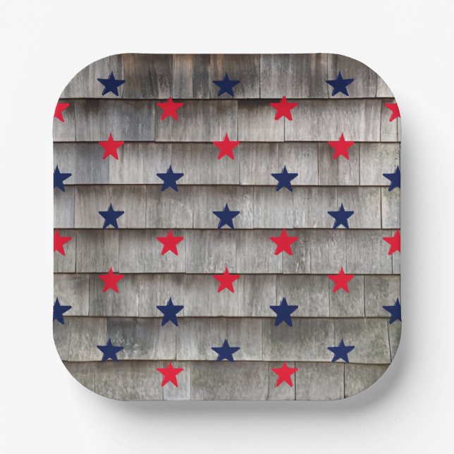 Patriotic red navy blue stars rustic shingles paper plate (Front)