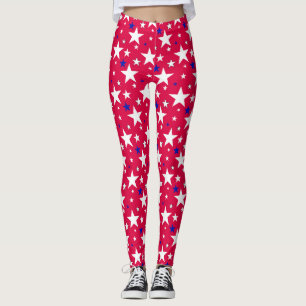 Patriotic Red Star Leggings, USA 4th of July Stars Leggings