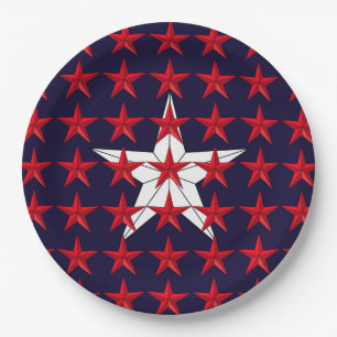 Patriotic Red Stars on Blue Field Paper Plate