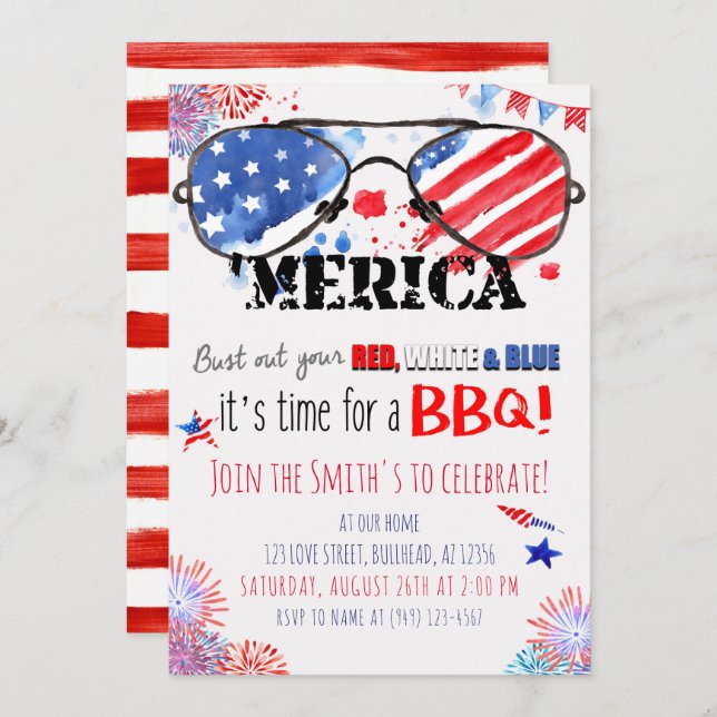 Patriotic Red White and Blue 4th of July BBQ Invitation (Front/Back)