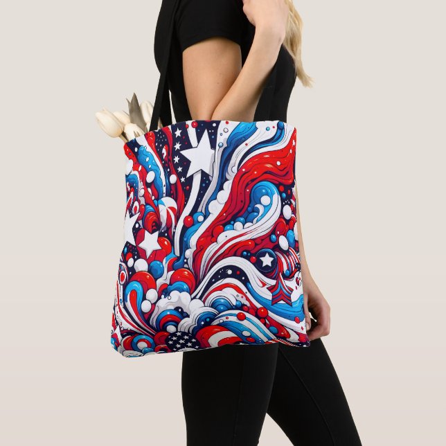Patriotic Red White and Blue Abstract US Flag Tote Bag (Close Up)