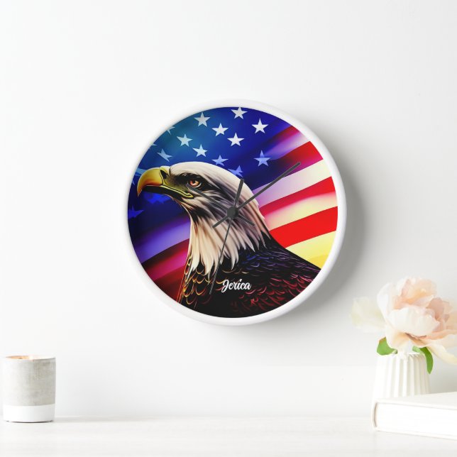 Patriotic Red, White and Blue and Bald Eagle Clock (Home)