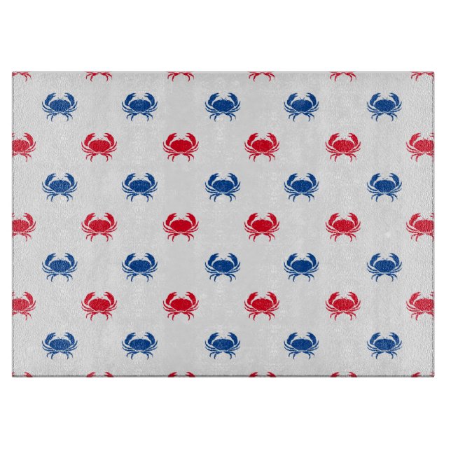 Patriotic Red white and blue crab pattern glass Cutting Board (Front)