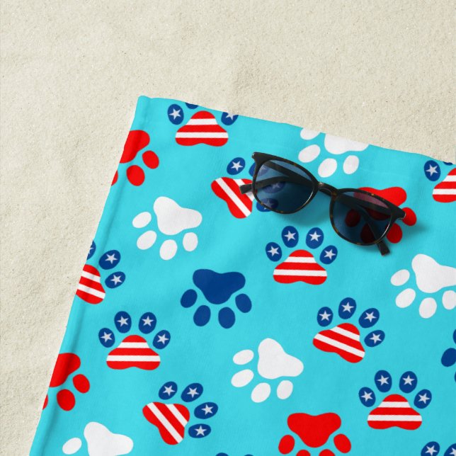 Patriotic Red White and Blue Dog Paws Pattern Beach Towel (In Situ)