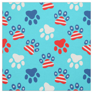 Patriotic Red White and Blue Dog Paws Pattern Fabric