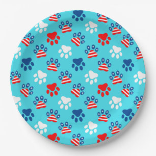 Patriotic Red White and Blue Dog Paws Pattern Paper Plate