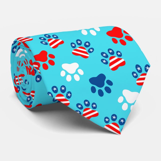 Patriotic Red White and Blue Dog Paws Pattern Tie (Rolled)