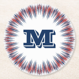 Patriotic Red White and Blue Fireworks Monogram Round Paper Coaster