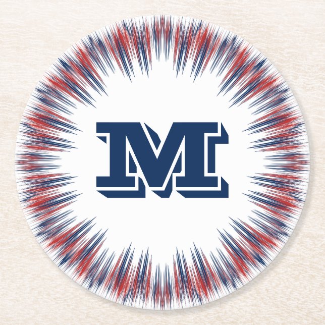 Patriotic Red White and Blue Fireworks Monogram Round Paper Coaster (Front)