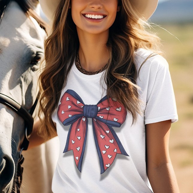 Patriotic Red White and Blue Flirty Bow T-Shirt (Patriotic coquette bow with customizable back of women's tee shirt.  Great for July 4th parties! )