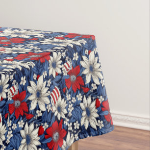 Patriotic Red, White and Blue Flowers and Stripes Tablecloth
