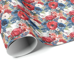 Patriotic Red White and Blue Flowers Wrapping Paper