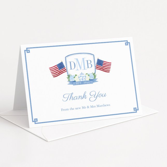 Patriotic Red White And Blue Monogram Wedding Thank You Card (Elegant and patriotic monogram crest with three letters, USA flags, hydrangeas and ginger jar)