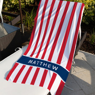 Patriotic Red White and Blue Stripes Custom Name Beach Towel
