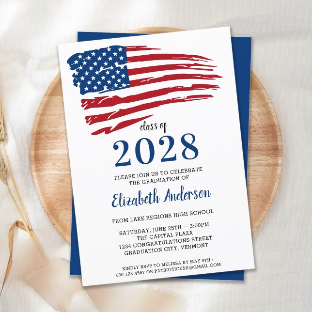 Patriotic Red White Blue American Flag Graduation Invitation (Creator Uploaded)