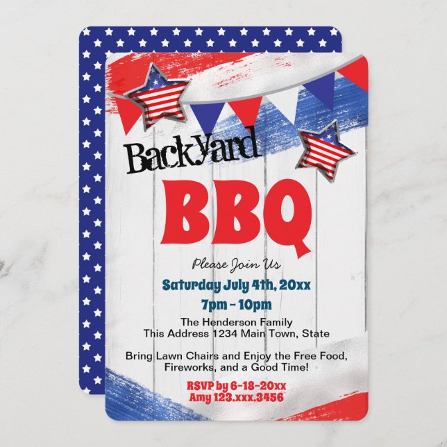 Patriotic Red White Blue Backyard BBQ Invitation (Front/Back)