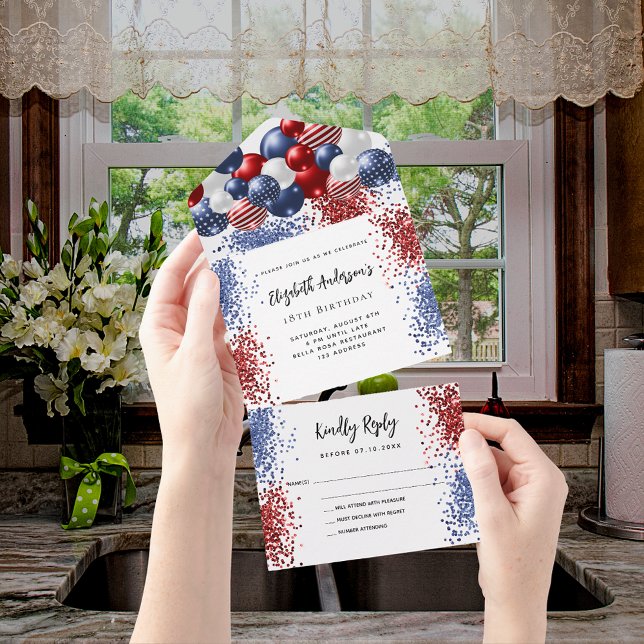 Patriotic red white blue balloons birthday rsvp all in one invitation (Creator Uploaded)