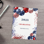 Patriotic red white blue black balloons name 2024 planner<br><div class="desc">A chic white background. Decorated with patriotic coloured  balloons in red blue and white. Personalise and add a year,  name and a title. Red and blue text.</div>