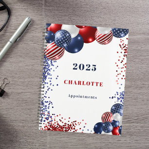 Patriotic red white blue black balloons name 2024 planner