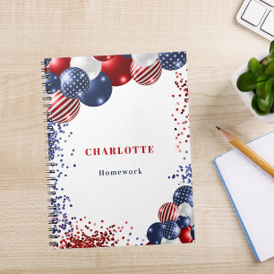 Patriotic red white blue black balloons name notebook