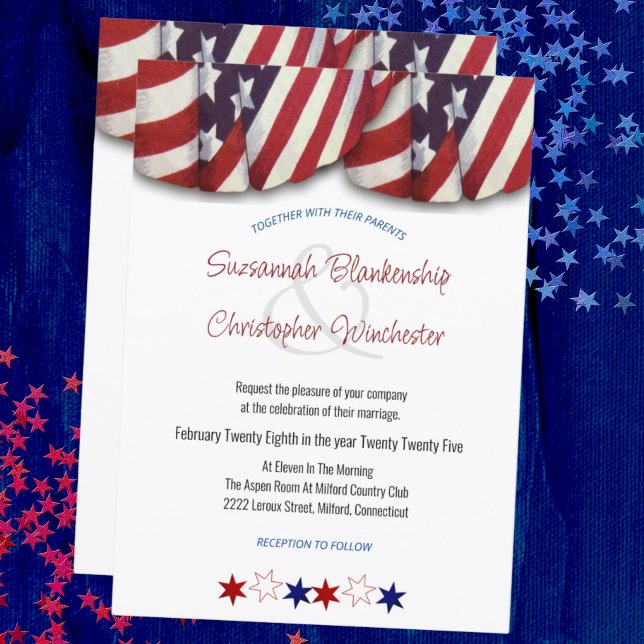 Patriotic Red White Blue Bunting and Stars Invitat Invitation (front and back patriotic bunting wedding invitation)