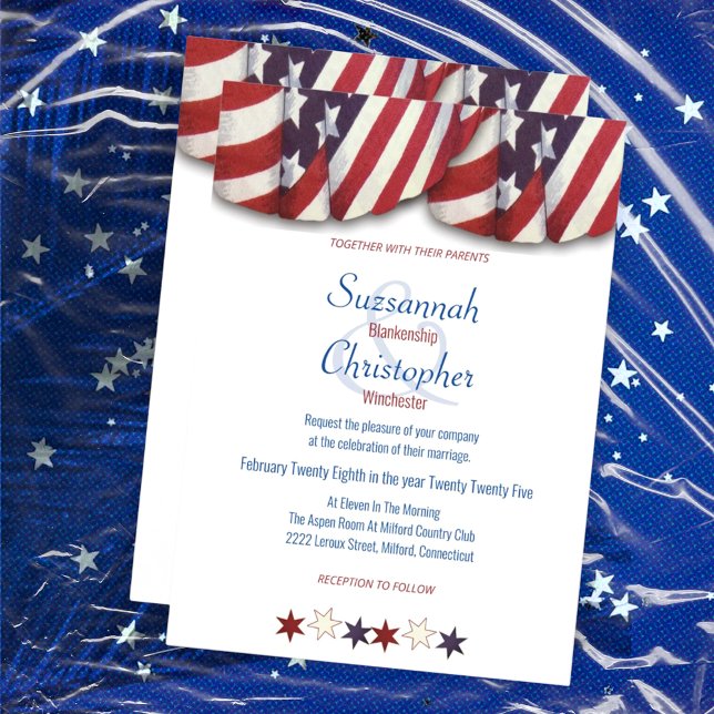 Patriotic Red White Blue Bunting Top Stars Bottom  Invitation (front & back of red, white, and blue bunting wedding invitation template)