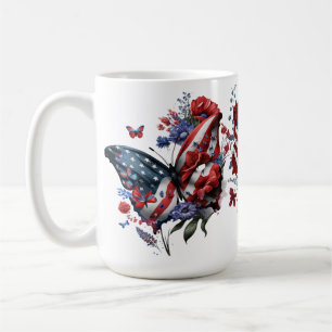 PATRIOTIC RED WHITE BLUE BUTTERFLIES FLOWERS COFFEE MUG
