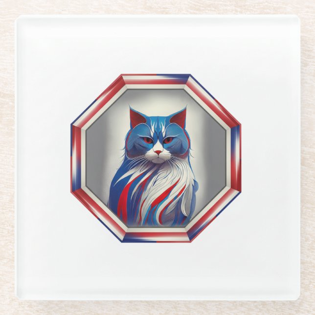 Patriotic Red White & Blue Cat In Frame Glass Coaster (Front)