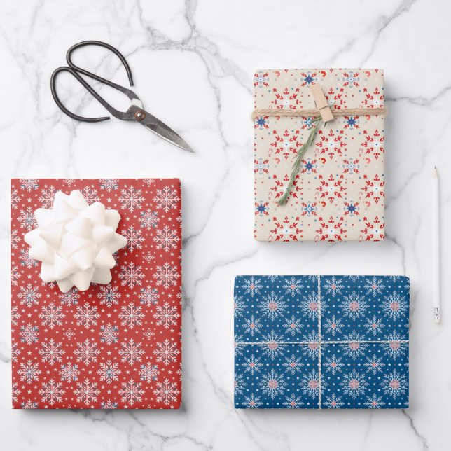 Patriotic Red White Blue Christmas Snowflake Wrap Wrapping Paper Sheet (Front)