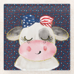 PATRIOTIC RED WHITE BLUE COW GLASS COASTER