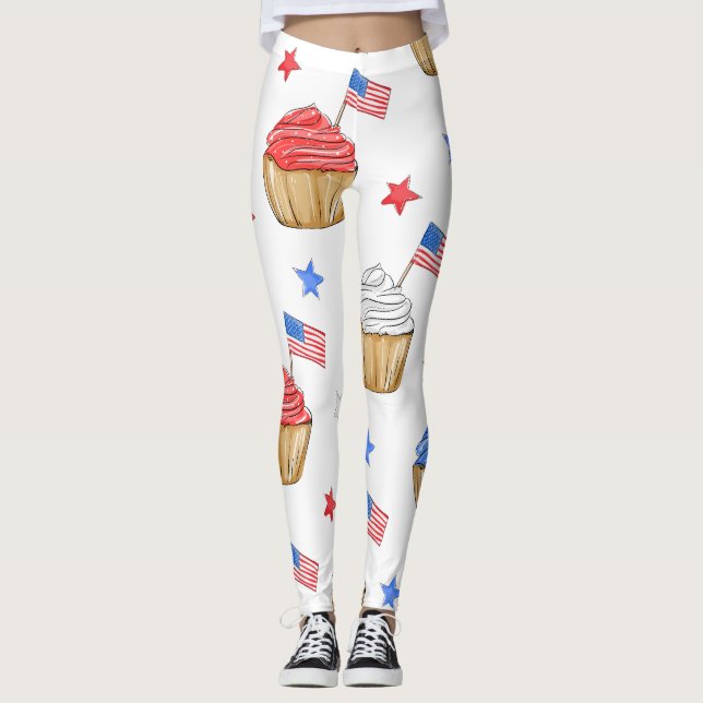 Patriotic Red White Blue Cupcake Flag Star Workout Leggings (Front)