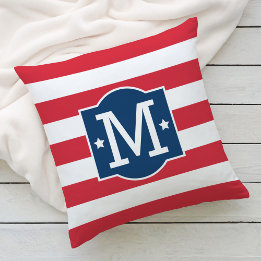 Patriotic Red White Blue Custom Monogram Initial Cushion