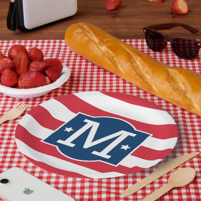 Patriotic Red White Blue Custom Monogram Initial Paper Plate (Picnic)