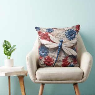 PATRIOTIC RED WHITE BLUE DRAGONFLIES & FLOWERS CUSHION