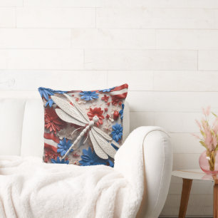 PATRIOTIC RED WHITE BLUE DRAGONFLIES & FLOWERS CUSHION