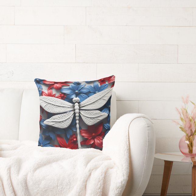 PATRIOTIC RED WHITE BLUE DRAGONFLIES & FLOWERS CUSHION (Couch)