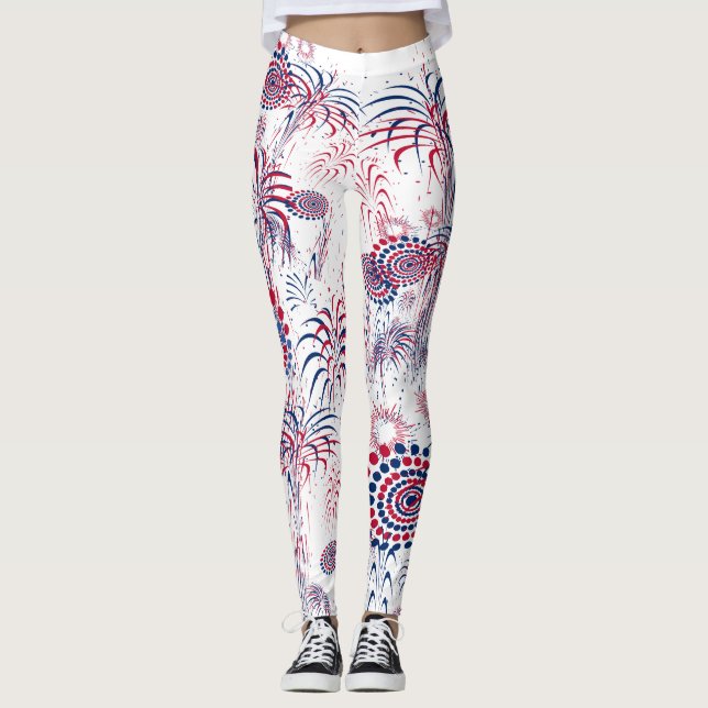 Patriotic Red White Blue Fireworks Leggings (Front)