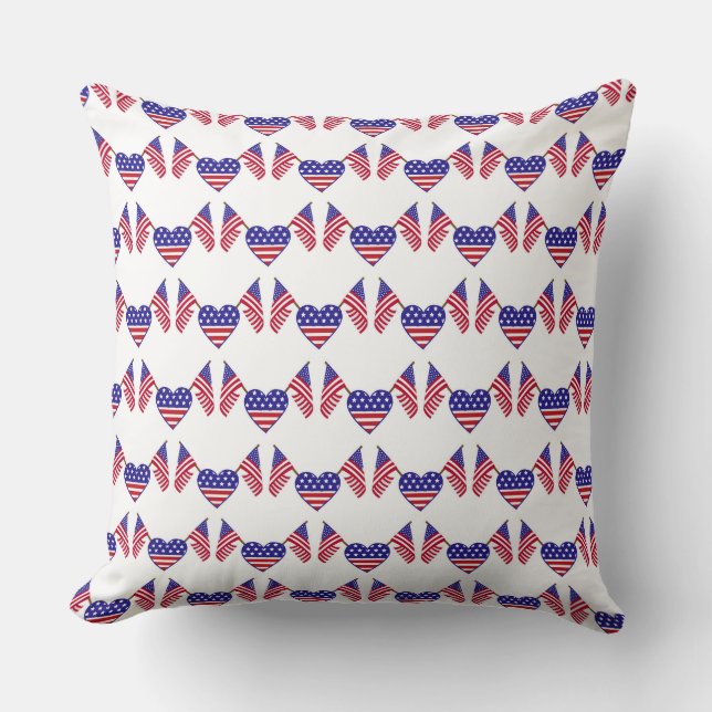 PATRIOTIC RED WHITE BLUE FLAGS & HEARTS CUSHION (Front)