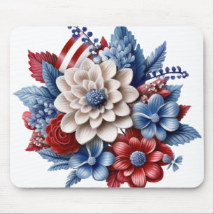 PATRIOTIC RED WHITE BLUE FLORAL BOUQUET MOUSE PAD