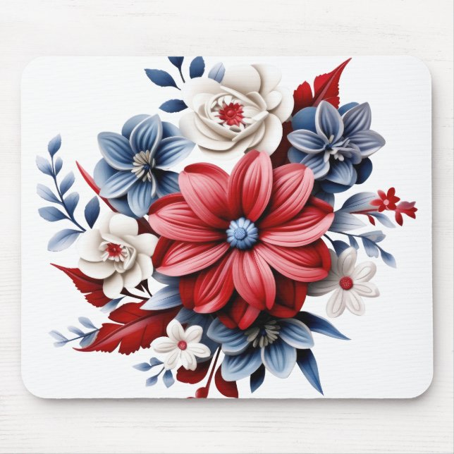 PATRIOTIC RED WHITE BLUE FLORAL BOUQUET MOUSE PAD (Front)