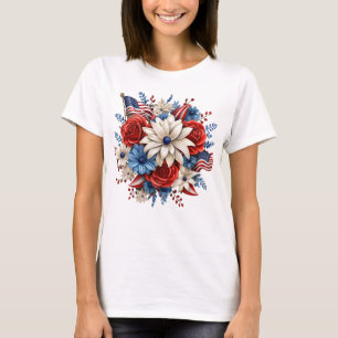 PATRIOTIC RED WHITE BLUE FLOWERS AND FLAG T-Shirt
