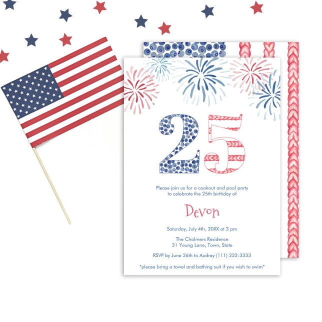 Patriotic Red White & Blue Fun 25th Birthday Party Invitation (This 25th birthday invitation sets the scene for a fun and patriotic 25th birthday party)