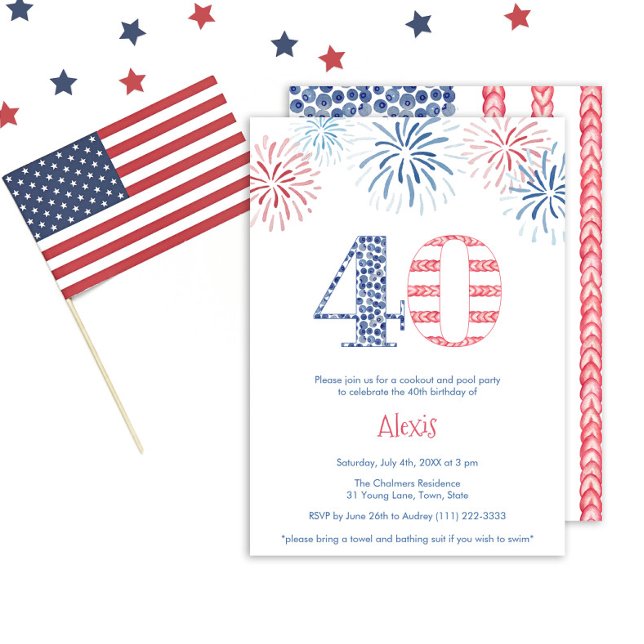 Patriotic Red White Blue Fun 40th Birthday Party Invitation (A fun red white and blue 40th birthday party invitation with the number 40 in the stars and stripes)