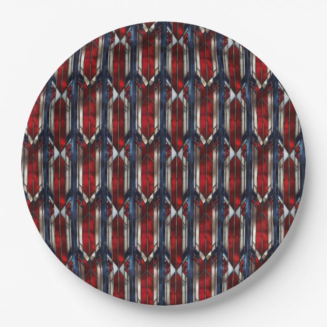 Patriotic Red White Blue Geometric Pattern Paper Plate (Front)