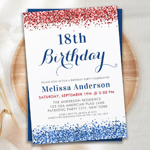 Patriotic Red White Blue Glitter Birthday Party  Invitation