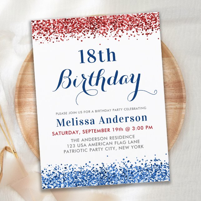 Patriotic Red White Blue Glitter Birthday Party  Invitation Postcard (Creator Uploaded)